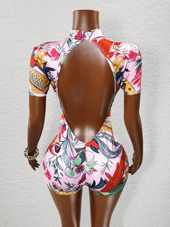 Backless Fashion Print Fitted Skinny Romper