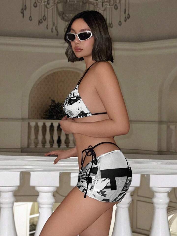 Letter Printed Three-Piece Triangle Separated Bikini Set