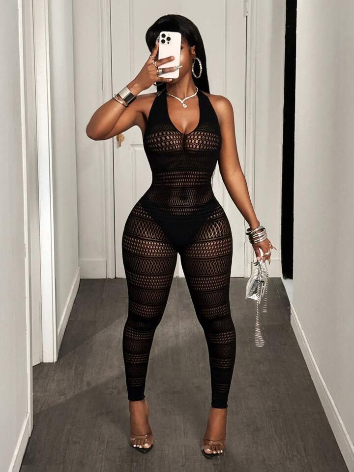Hollow-Out Open Back Halter Neck Jumpsuit