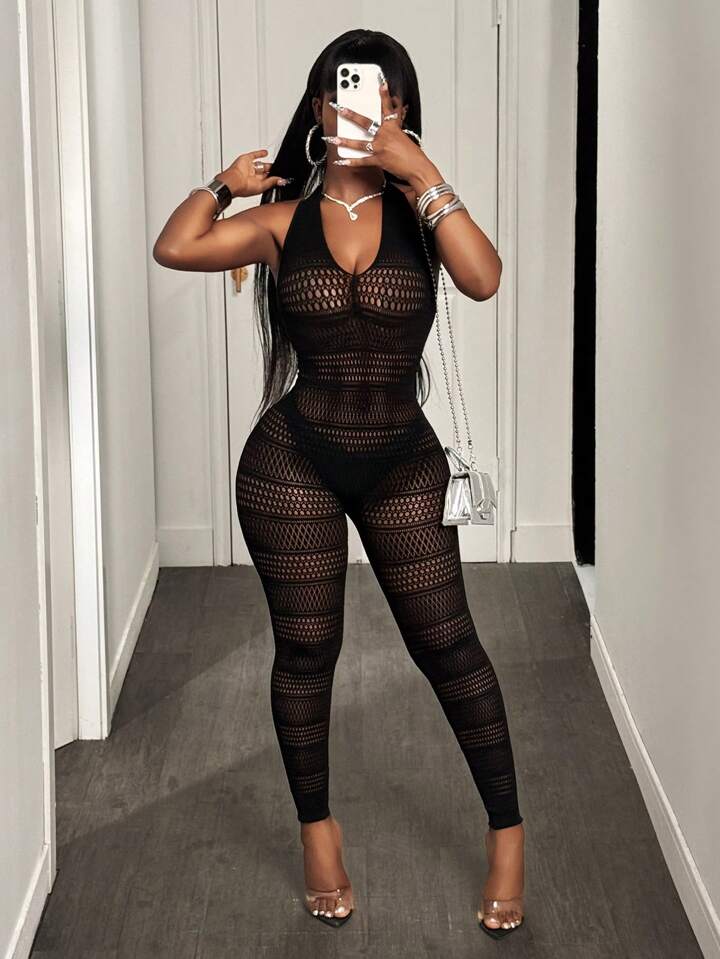 Hollow-Out Open Back Halter Neck Jumpsuit
