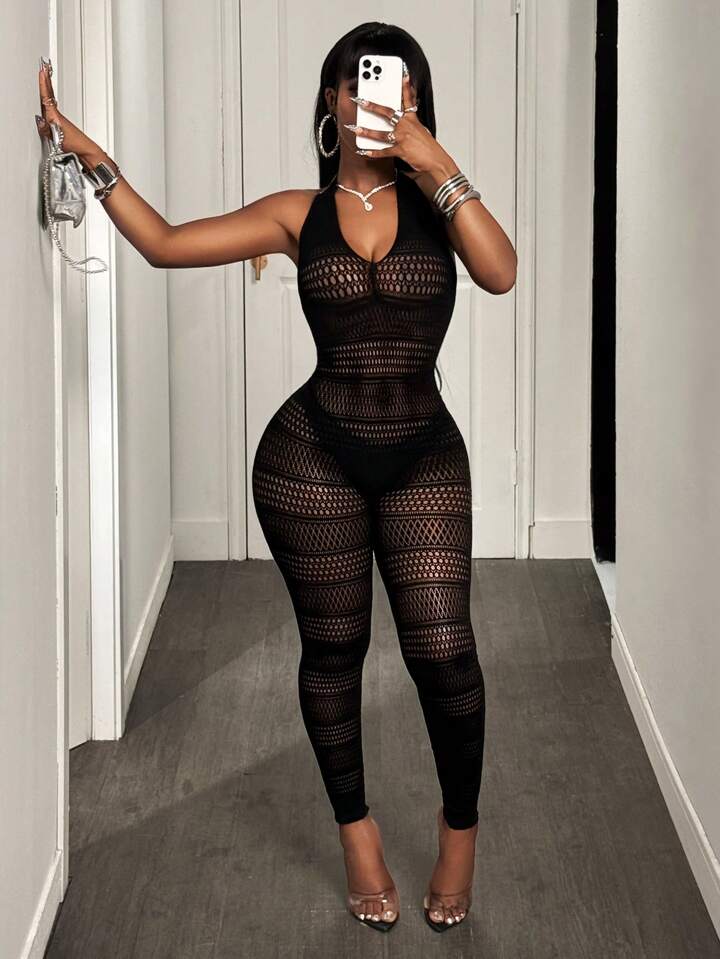 Hollow-Out Open Back Halter Neck Jumpsuit
