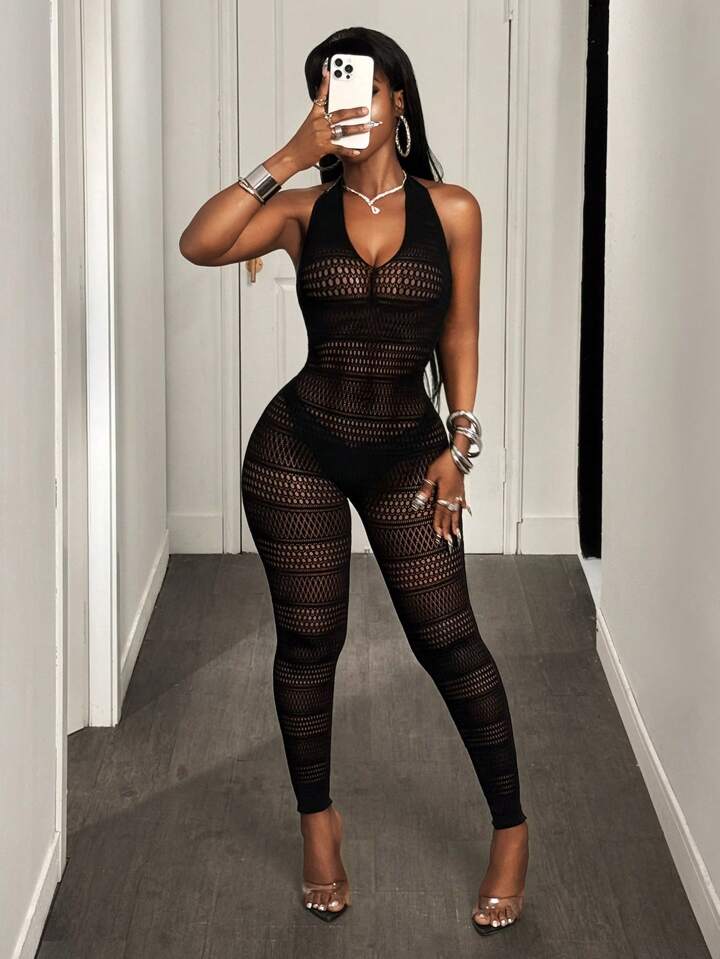 Hollow-Out Open Back Halter Neck Jumpsuit
