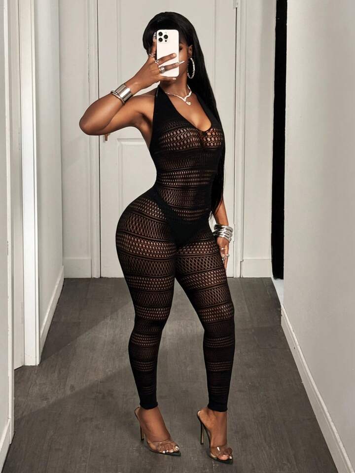 Hollow-Out Open Back Halter Neck Jumpsuit