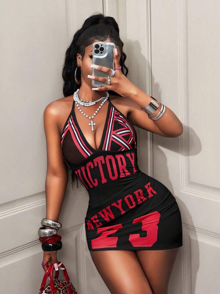 Letter Print Plunging Neck Bodycon Dress