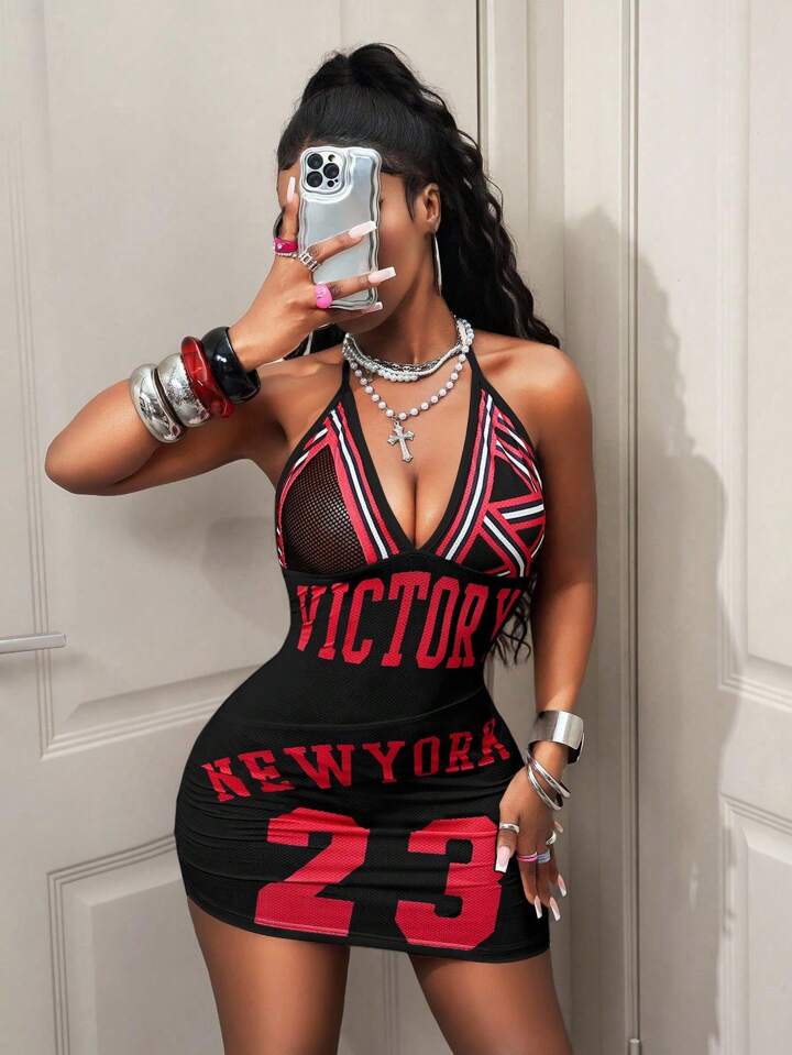 Letter Print Plunging Neck Bodycon Dress