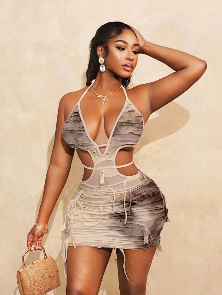 Tie Dyeing Asymmetric Tassel Hollow Waist Strap Open Back And Shoulder Tight Dress