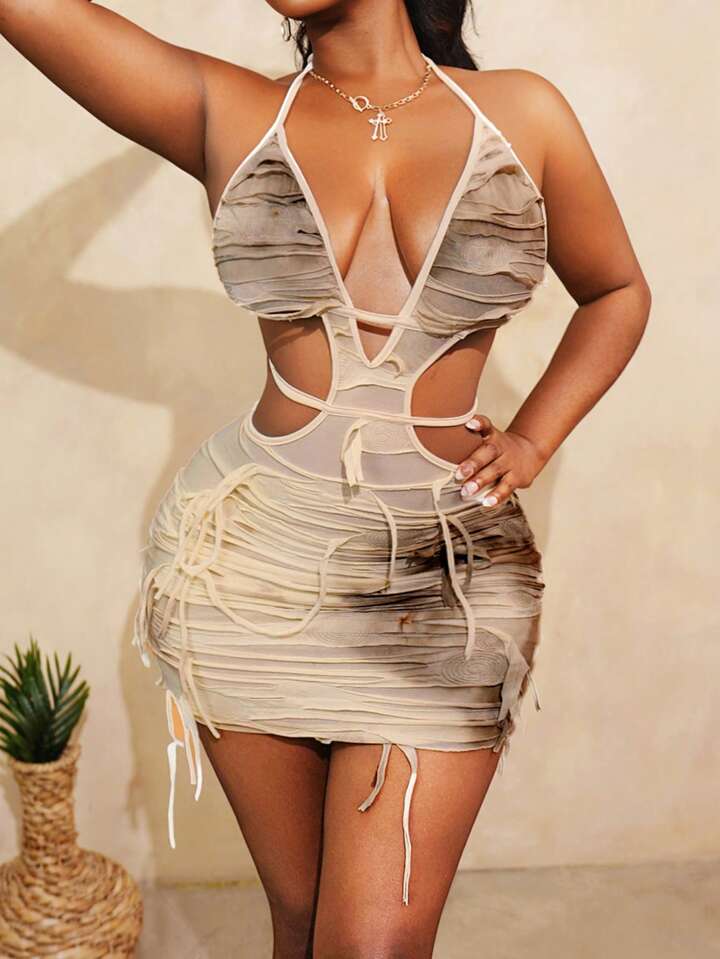 Tie Dyeing Asymmetric Tassel Hollow Waist Strap Open Back And Shoulder Tight Dress