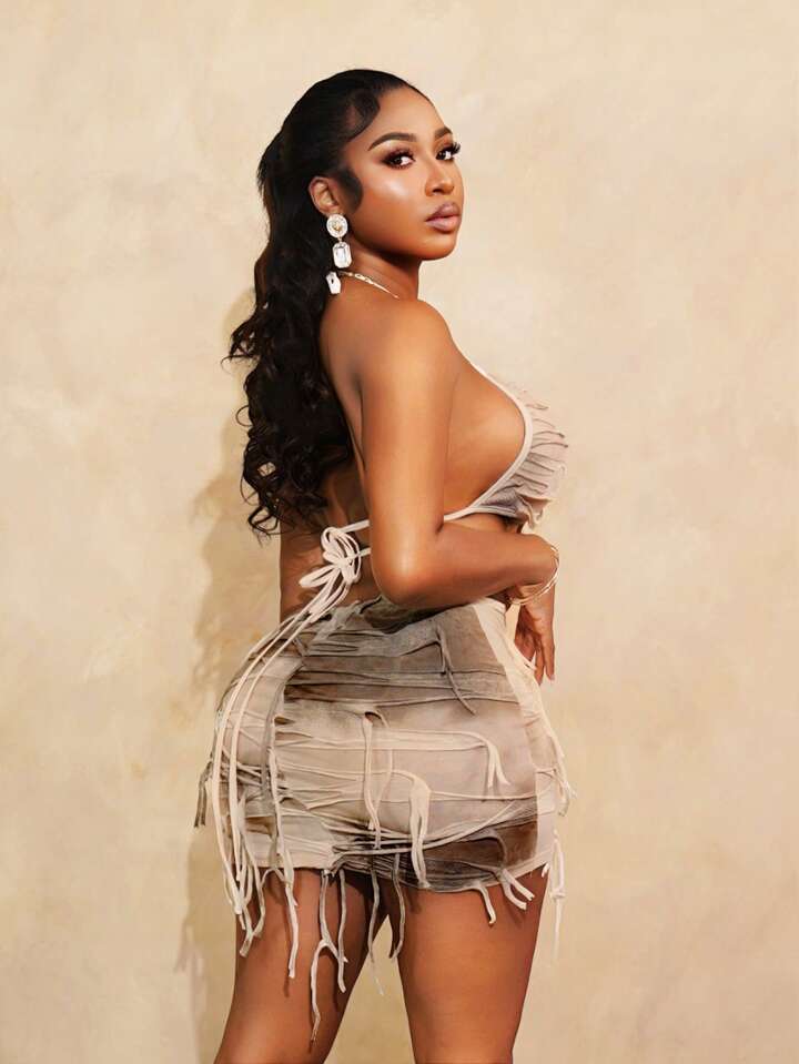 Tie Dyeing Asymmetric Tassel Hollow Waist Strap Open Back And Shoulder Tight Dress