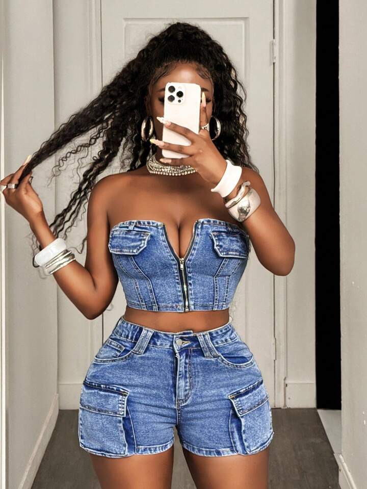Zip Front Cropped Bustier Denim Top