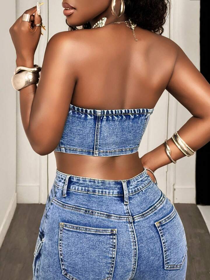 Zip Front Cropped Bustier Denim Top
