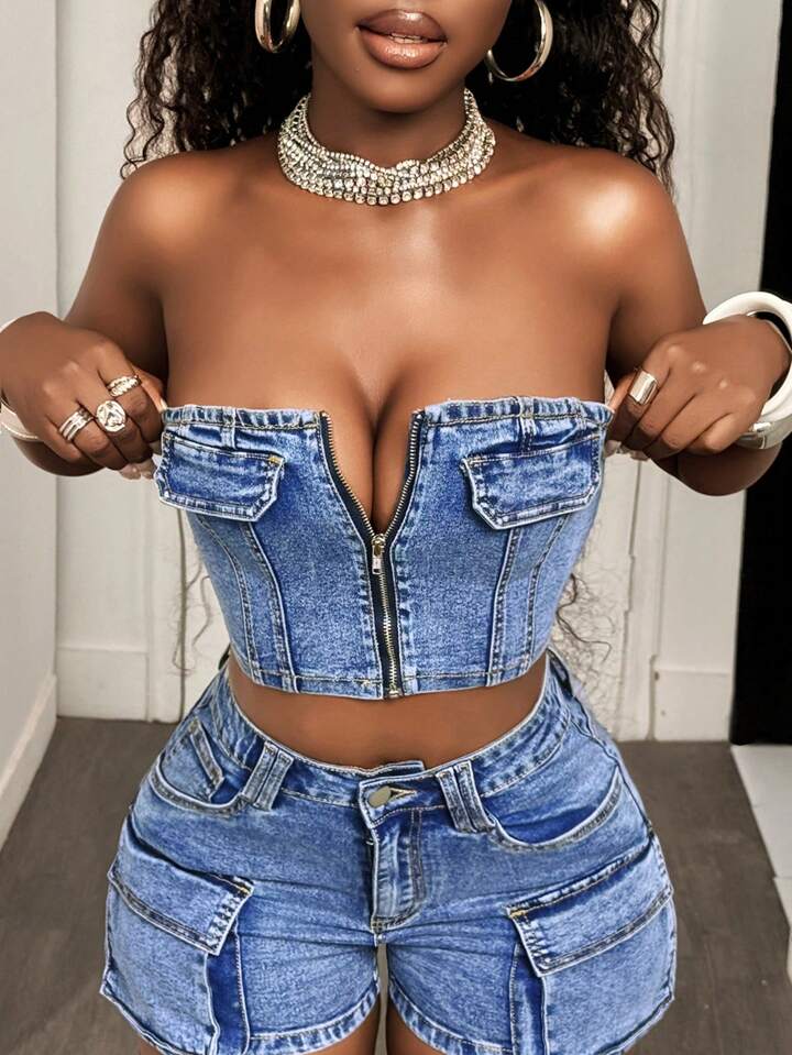Zip Front Cropped Bustier Denim Top