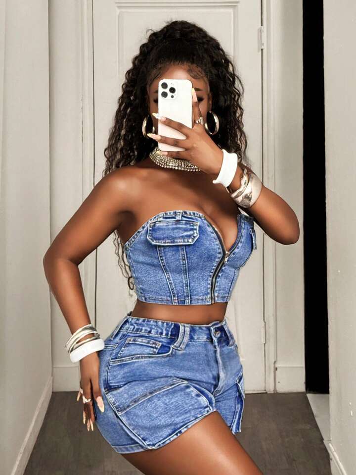 Zip Front Cropped Bustier Denim Top