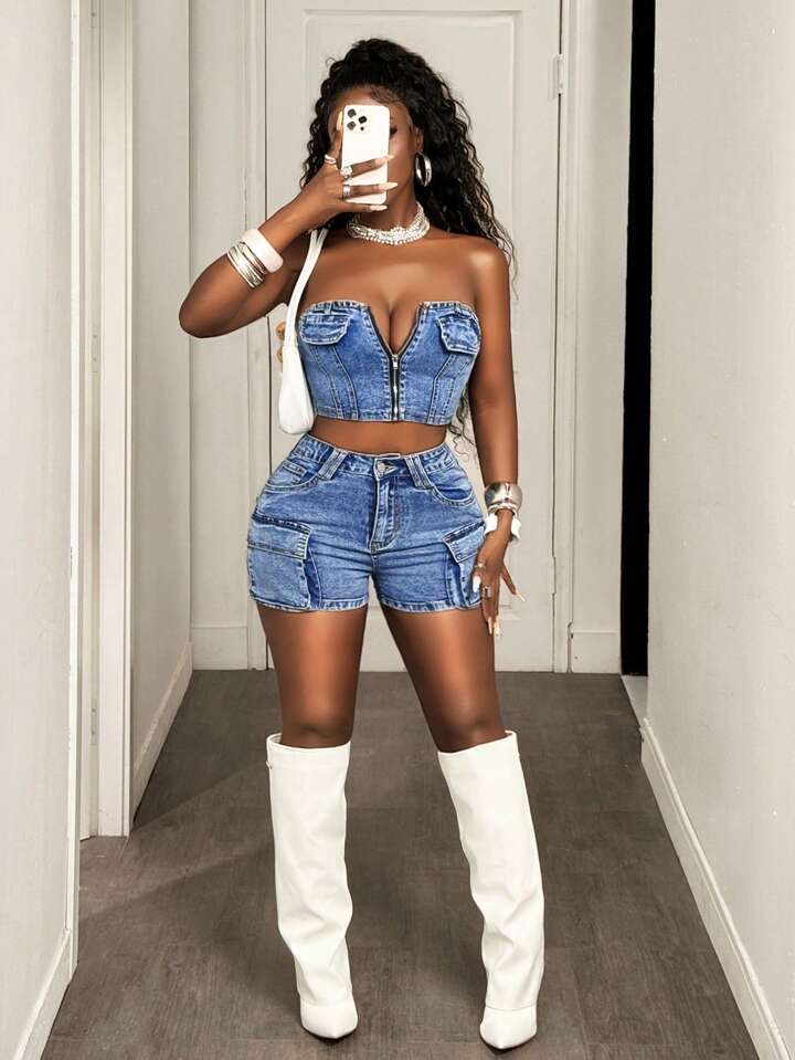 Zip Front Cropped Bustier Denim Top