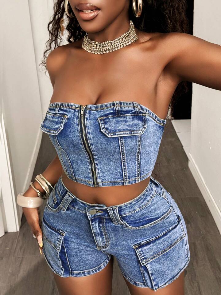 Zip Front Cropped Bustier Denim Top