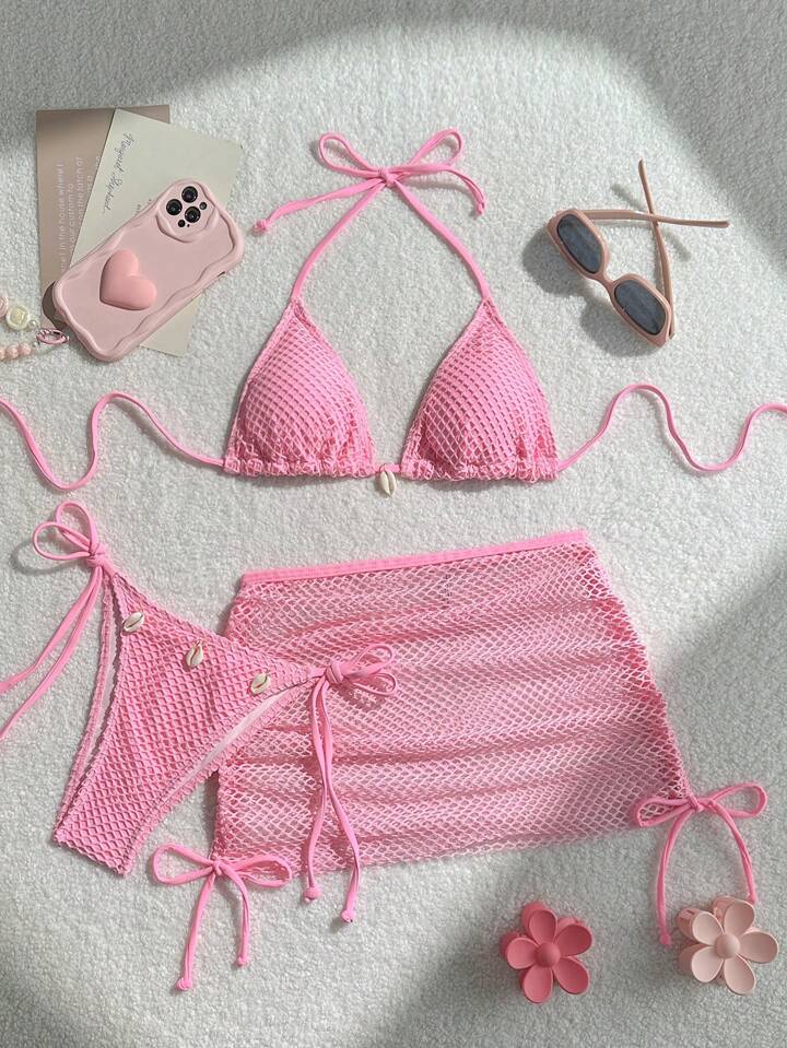 Halter Neck Tie Back Bikini Top, Swimwear Bottom And Skirt Swimwear Set