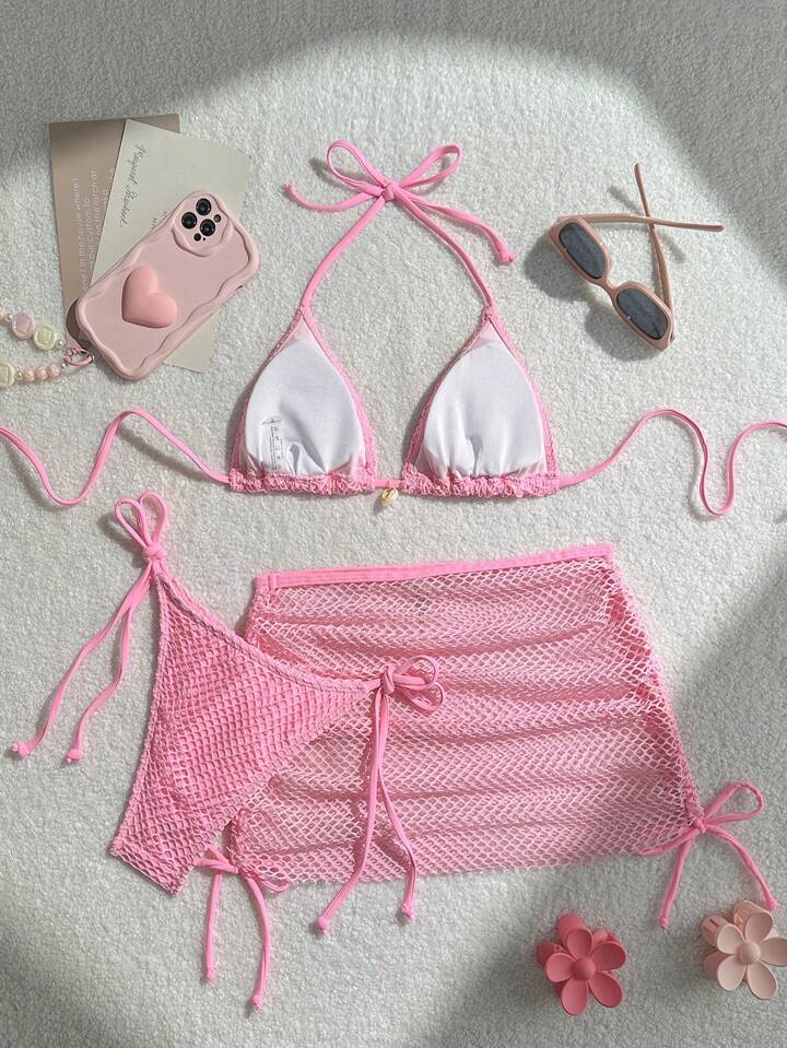 Halter Neck Tie Back Bikini Top, Swimwear Bottom And Skirt Swimwear Set