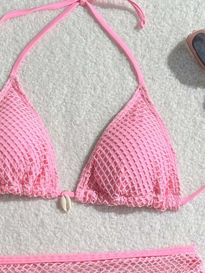 Halter Neck Tie Back Bikini Top, Swimwear Bottom And Skirt Swimwear Set