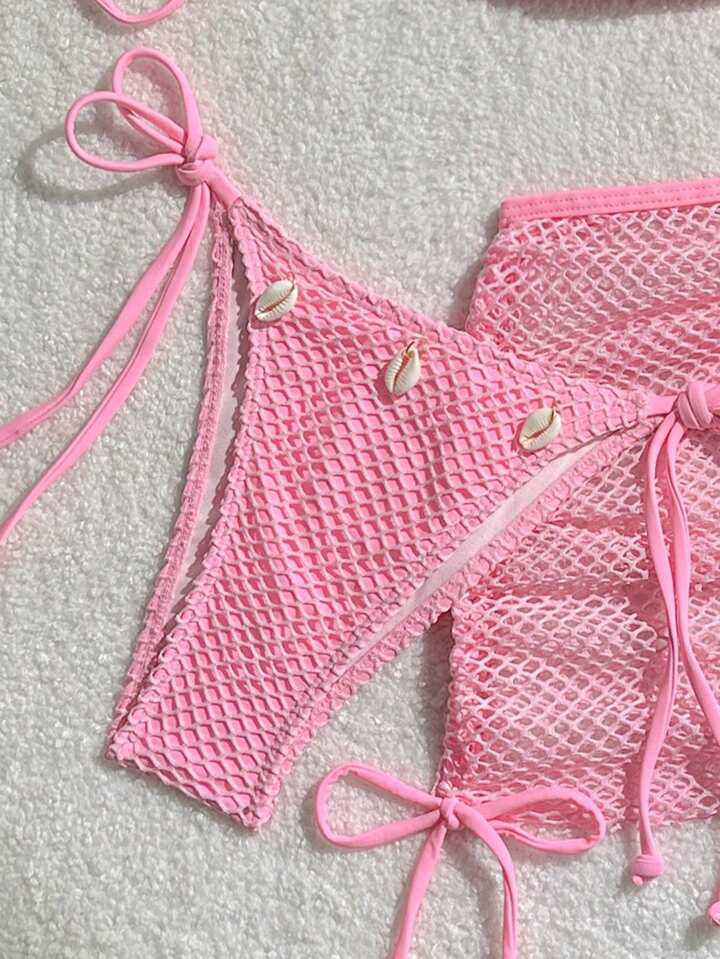 Halter Neck Tie Back Bikini Top, Swimwear Bottom And Skirt Swimwear Set