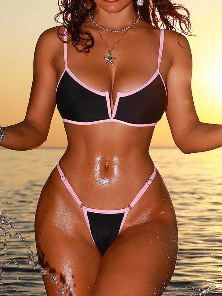 Casual Contrast-Color Trim Sexy Thong Bikini 2 Pieces Swimsuit