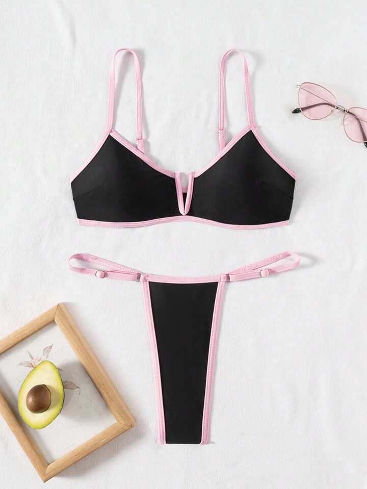 Casual Contrast-Color Trim Sexy Thong Bikini 2 Pieces Swimsuit
