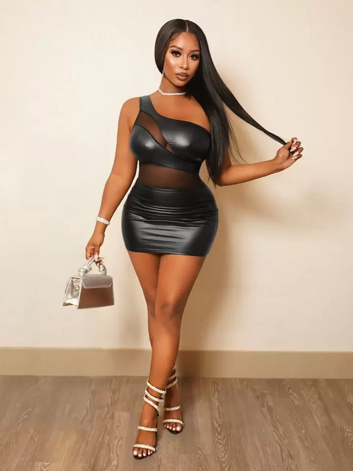 Sleeveless Splicing Mesh PU Leather Sexy Dress