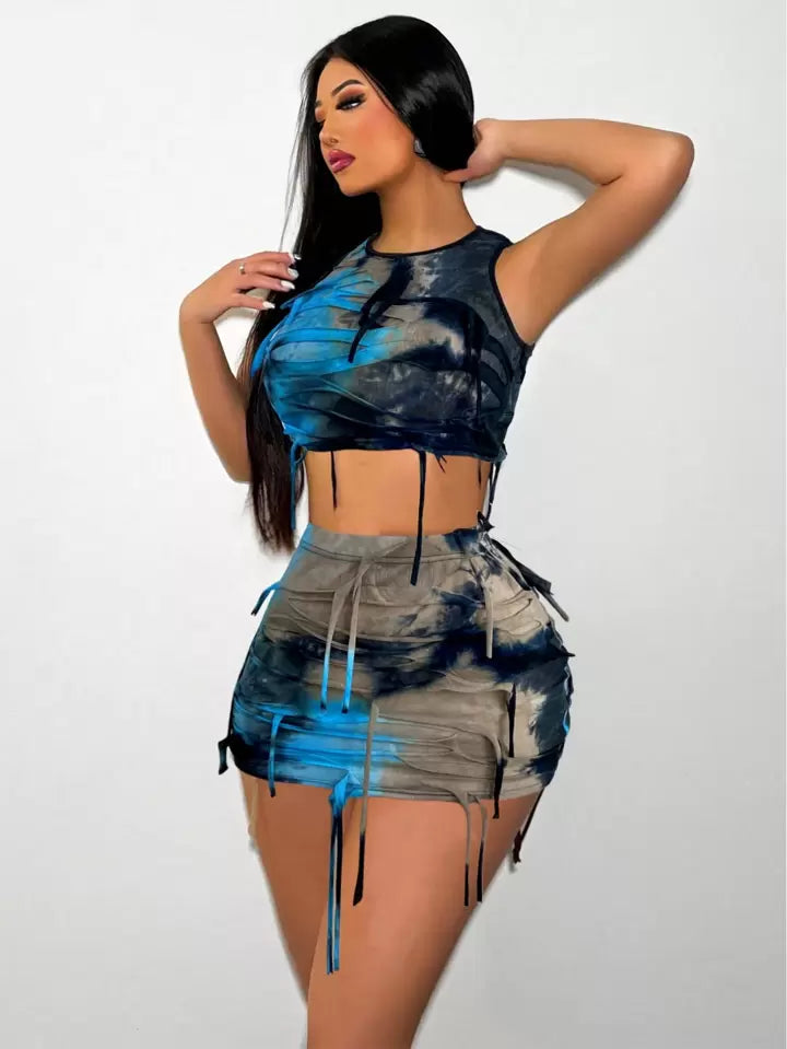 Tie Dye Fringe Design Slim Fit Vest And Skirt Set