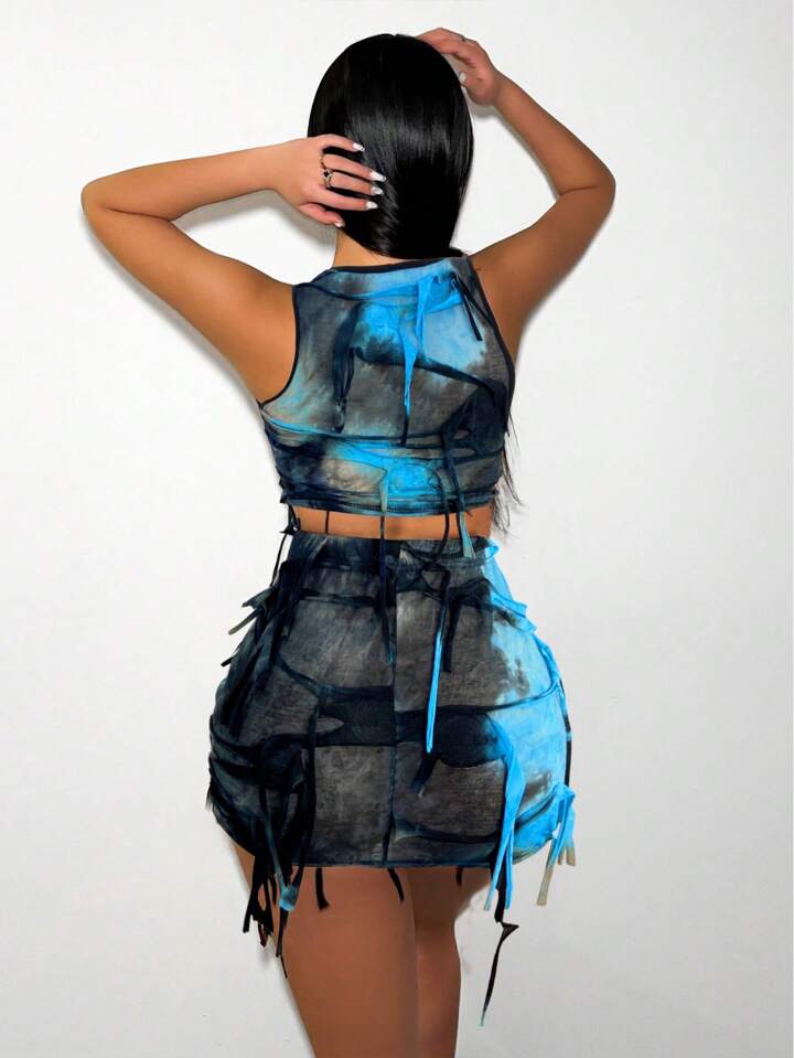 Tie Dye Fringe Design Slim Fit Vest And Skirt Set