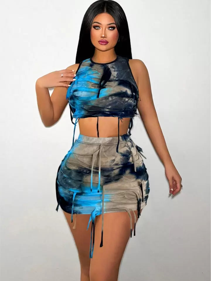 Tie Dye Fringe Design Slim Fit Vest And Skirt Set