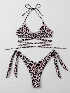 Leopard Cross Halter Tie Side Bikini Swimsuit