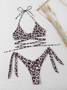 Leopard Cross Halter Tie Side Bikini Swimsuit