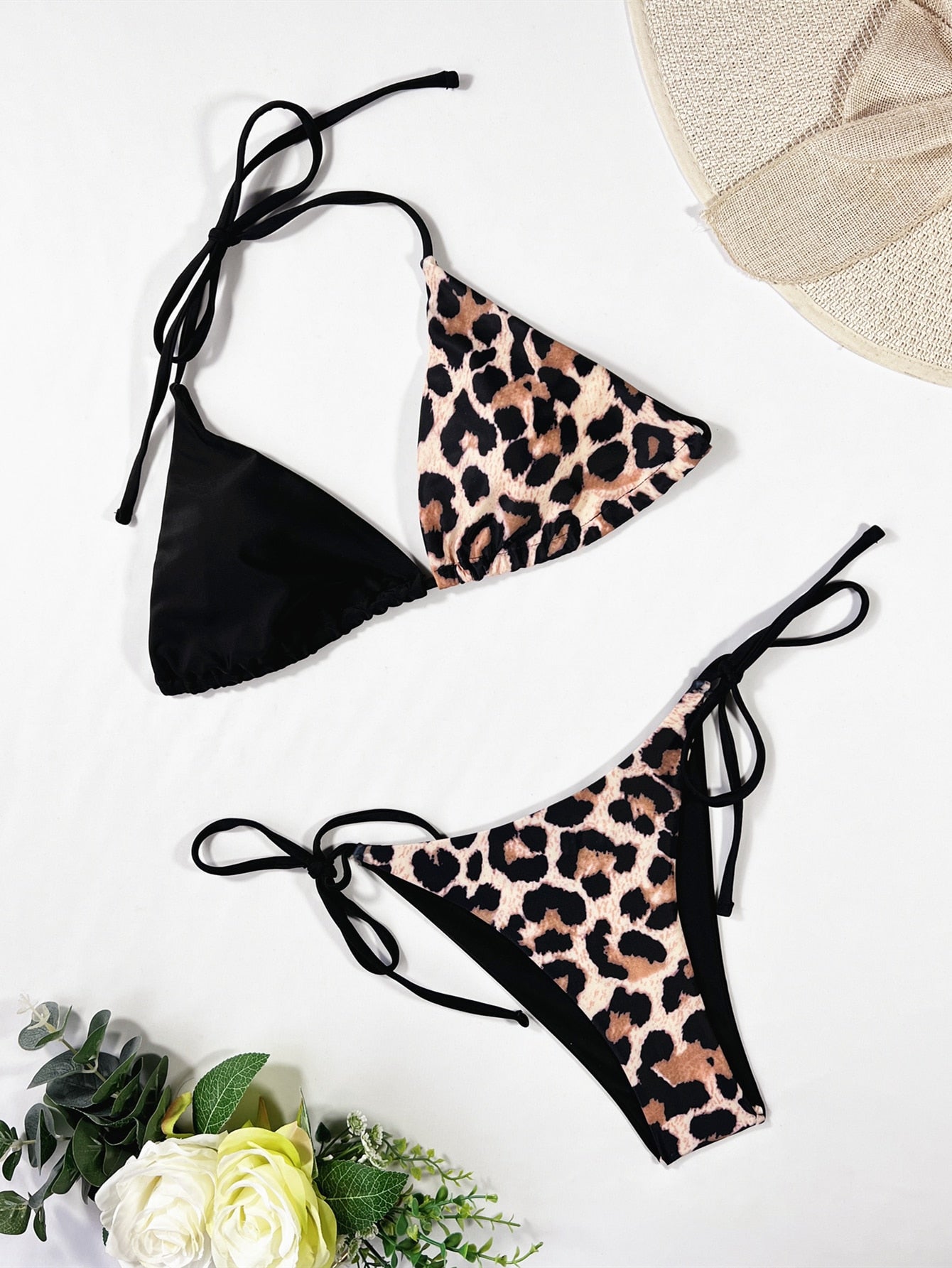 Spliced Leopard Bikini Set Halter Triangle Bra & Thong 2 Piece Bathing Suit