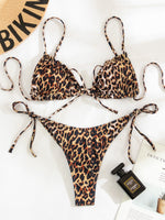 Load image into Gallery viewer, Leopard Frill Trim Tie Side Bikini Swimsuit
